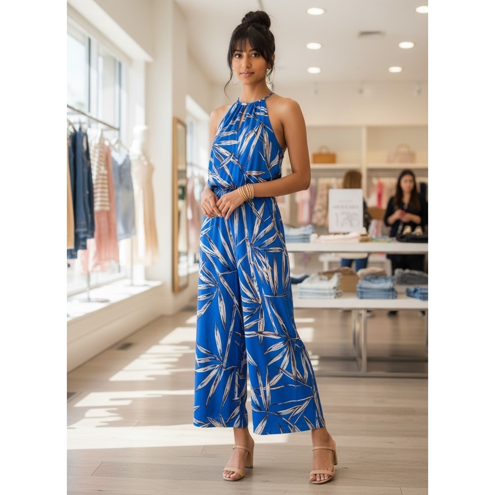 London Times Jumpsuit Womens 4 Blue Excellent Tropical Palm Halter Wide Leg
